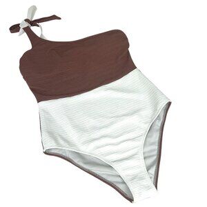 Cupshe Brown & White Ribbed One-Piece Swimsuit - One-Shoulder Bow Tie Strap Sz M